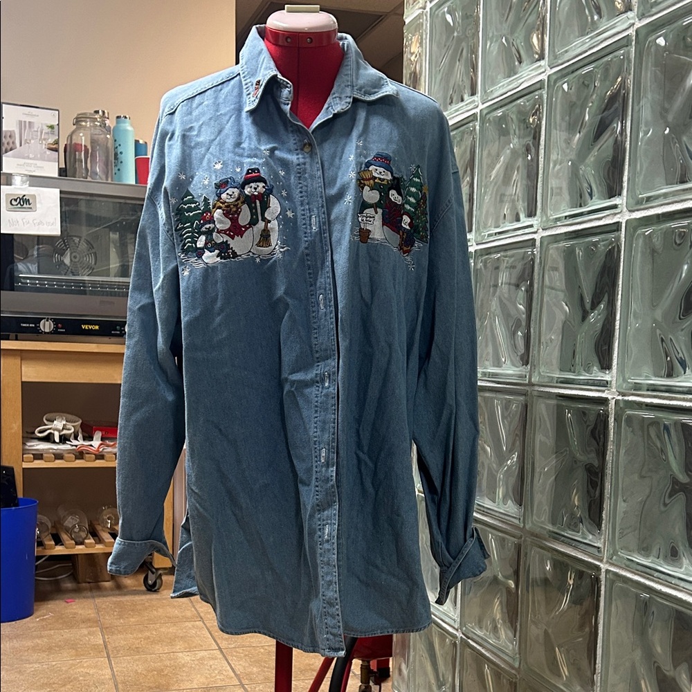 Vintage Denim Button Down Shirt with Snowman Embroidery